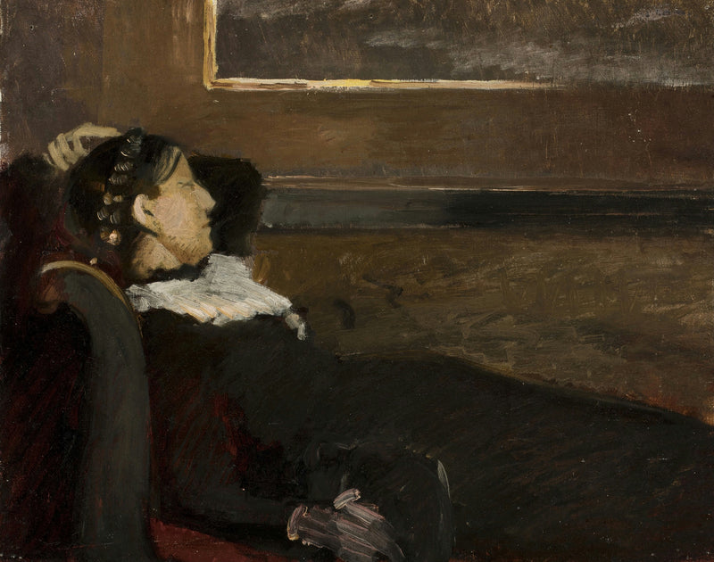 Anna Ancher hviler sig i spisestuen på Bründum. - Michael Peter Ancher