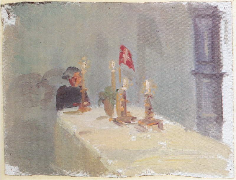 Fødselsdag. En kvinde for enden af ​​et bord med stearinlys og et flag. - Anna Ancher