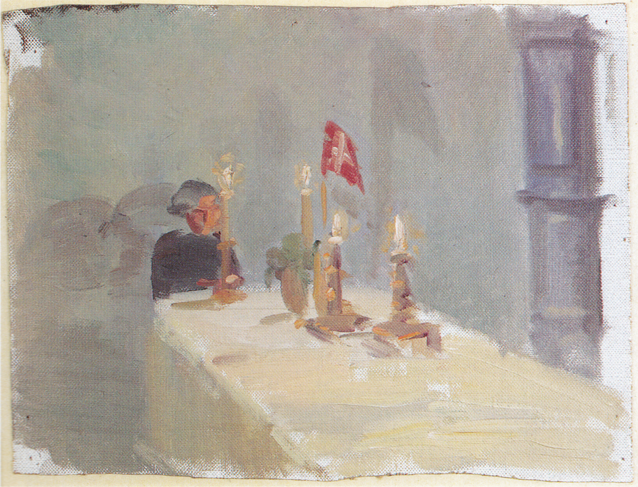 Fødselsdag. En kvinde for enden af ​​et bord med stearinlys og et flag. - Anna Ancher
