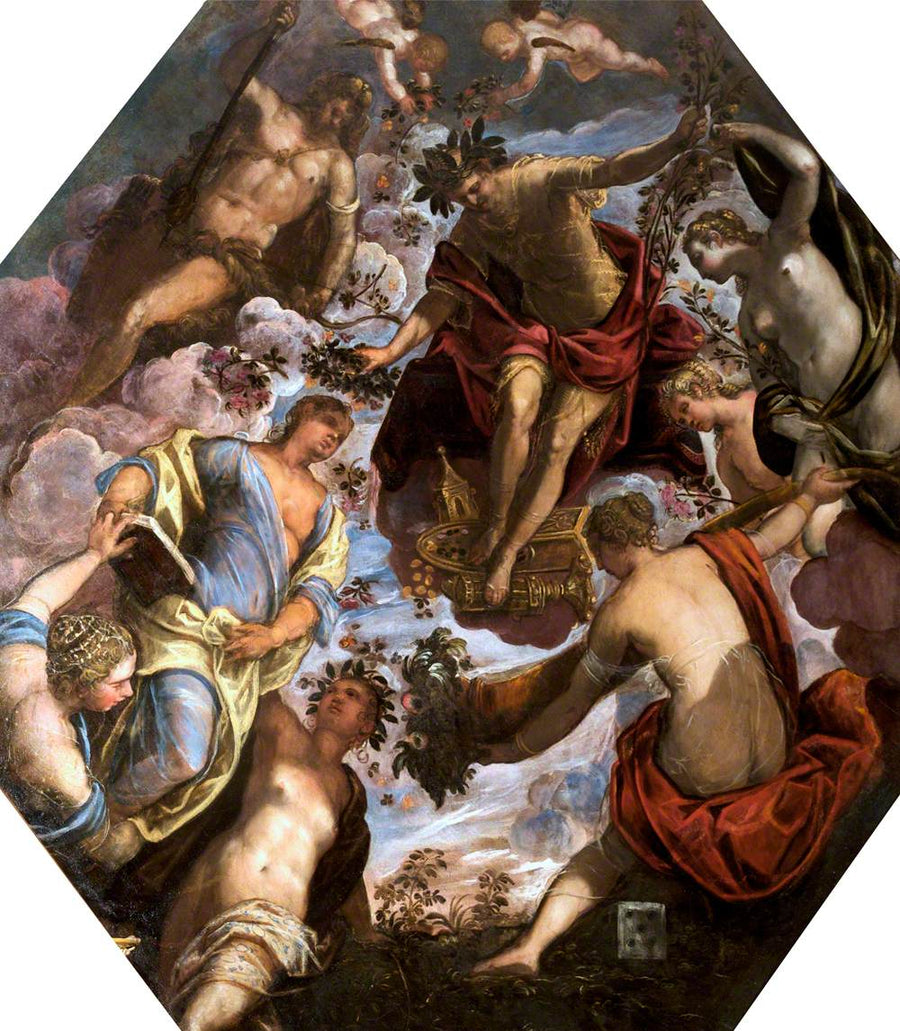 Apollon, der kronede en digter, i nærværelse af Hercules og fire andre kvinder. - Jacopo Tintoretto