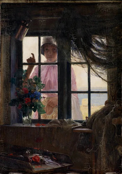 Efter badet. En ung pige banker på fiskerens vindue. - Carl Heinrich Bloch