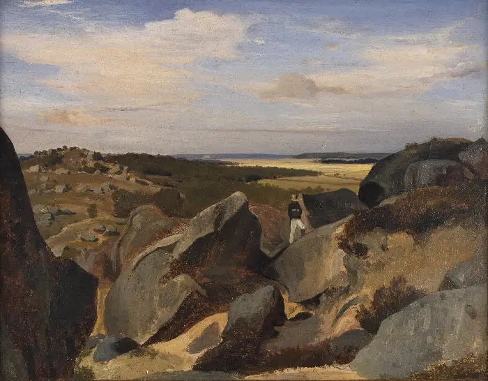Kunstner passerer gennem et kaos af klipper i Fontainebleau - Jean-Baptiste Camille Corot