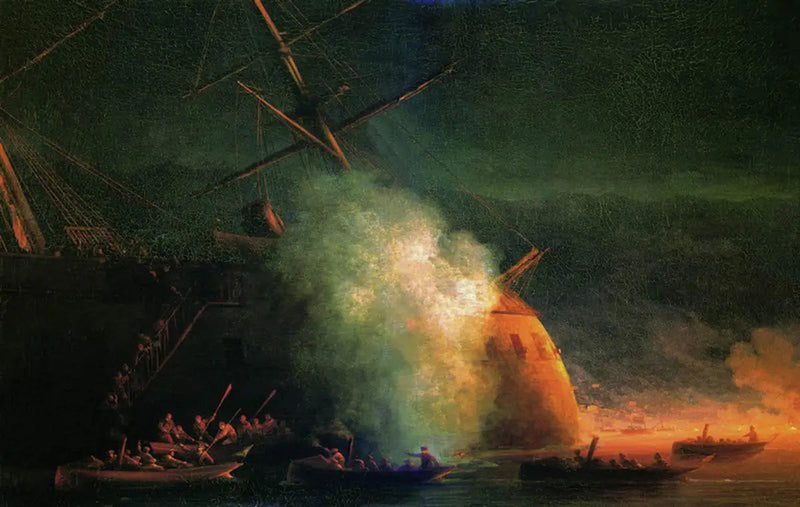 Mineangreb af skibe fra krydstogtskibet Grand-Duc Konstantin på den tyrkiske slagskibs Assari-Shevket i Soukhoum-bugten den 12. august 1877 - Ivan Aïvazovski