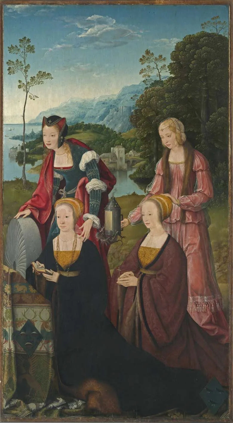 Marientodets alter: Saintes Christine og Gudula med donorerne Christine og Sibilla Hackeney bagved; udenfor: Helgenerne Sebastian og Roch - Joos van Cleve