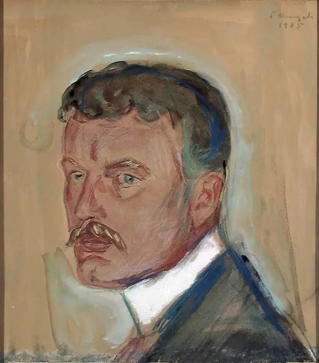 Selvbillede med overskæg og stiv krave - Edvard Munch