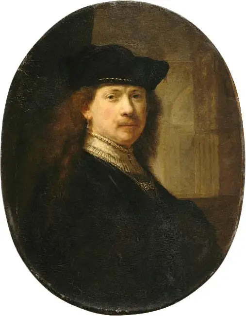 Selportræt med toque på baggrund af arkitektur - Rembrandt