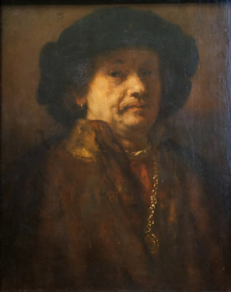 Selportræt med sort baret og guld kæde - Rembrandt