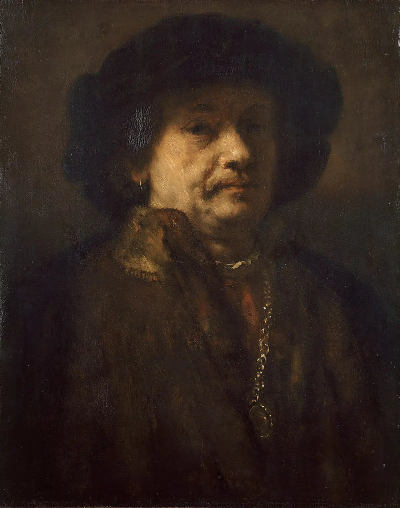 Selportræt med sort baret og guld kæde - Rembrandt