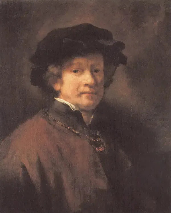 Selportræt med sort baret og guld kæde - Rembrandt