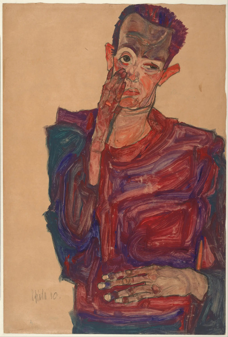 Selvportræt med det sænkede øjenlåg - Egon Schiele