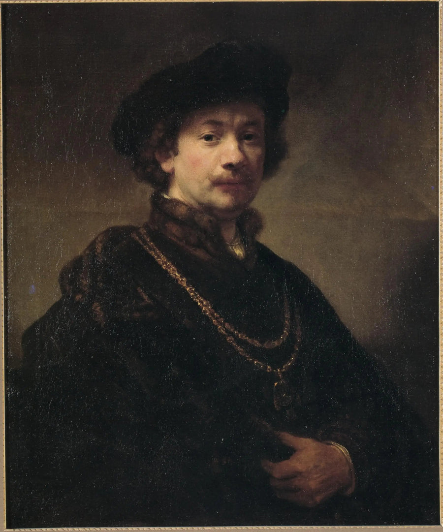 Selvportræt med en beret, en guld kæde og en medalje - Rembrandt
