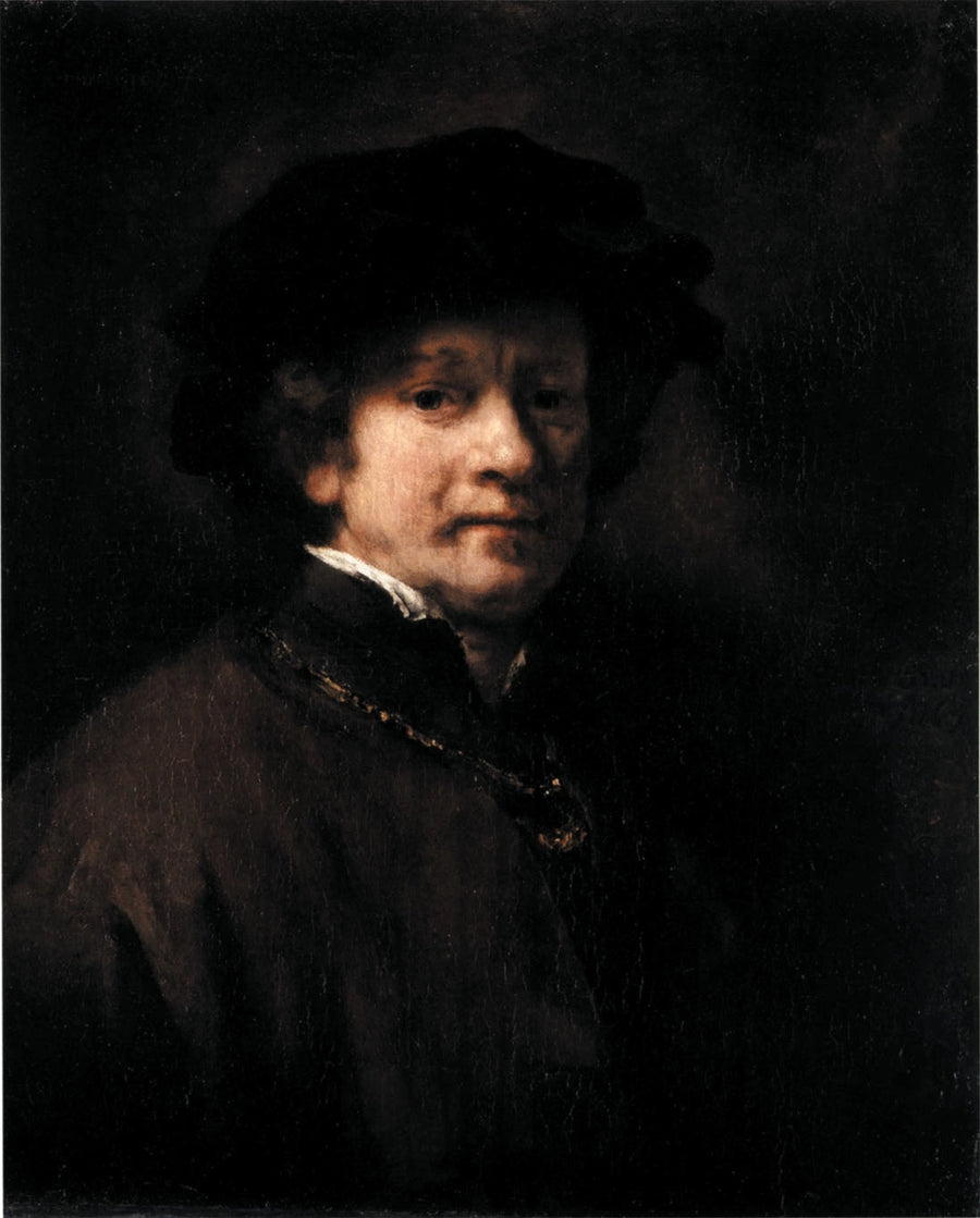Selportræt med sort baret og guld kæde - Rembrandt