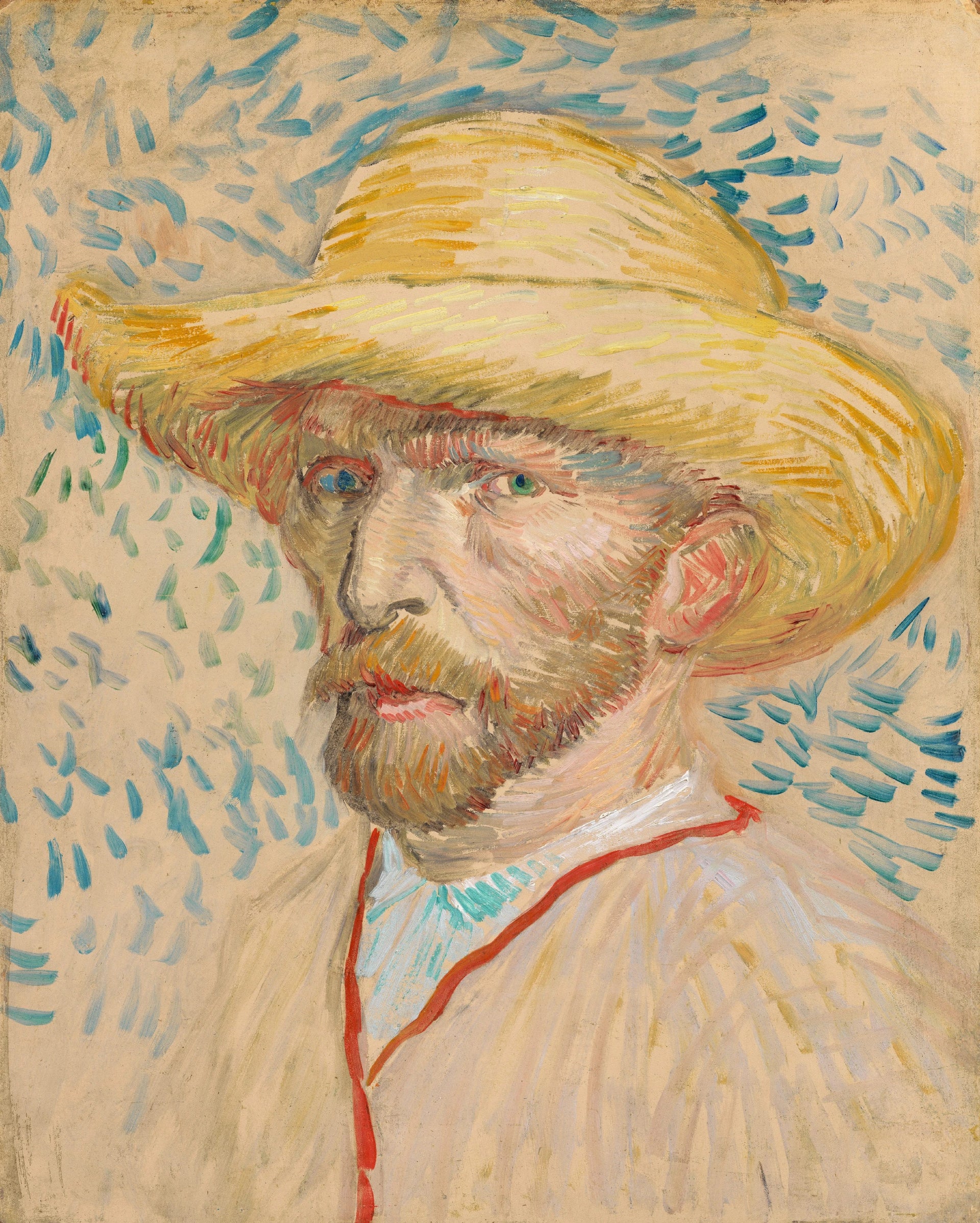 Autoportrait au chapeau de paille, F469 — Vincent van Gogh en vêtements clairs devant un fond de touches bleues