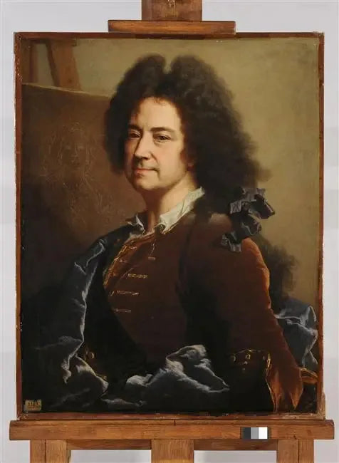 Selvportræt foran skitsen af portrættet af Maria Serra - Hyacinthe Rigaud