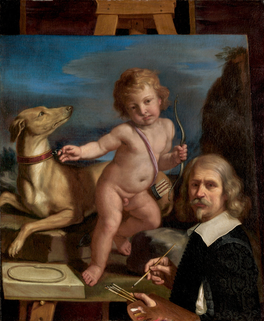 Autoportrait devant un tableau représentant « Amor Fedele » - Guercino image 1 reproduction artisanale de tableau