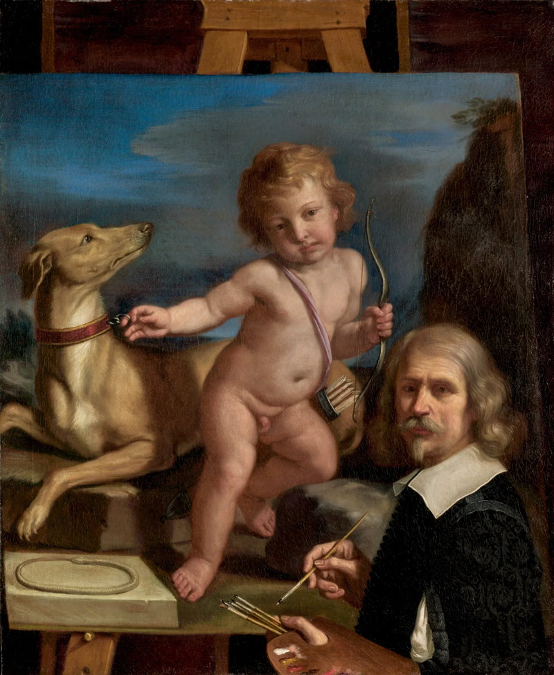 Selvportræt foran et maleri, der forestiller « Amor Fedele » - Guercino