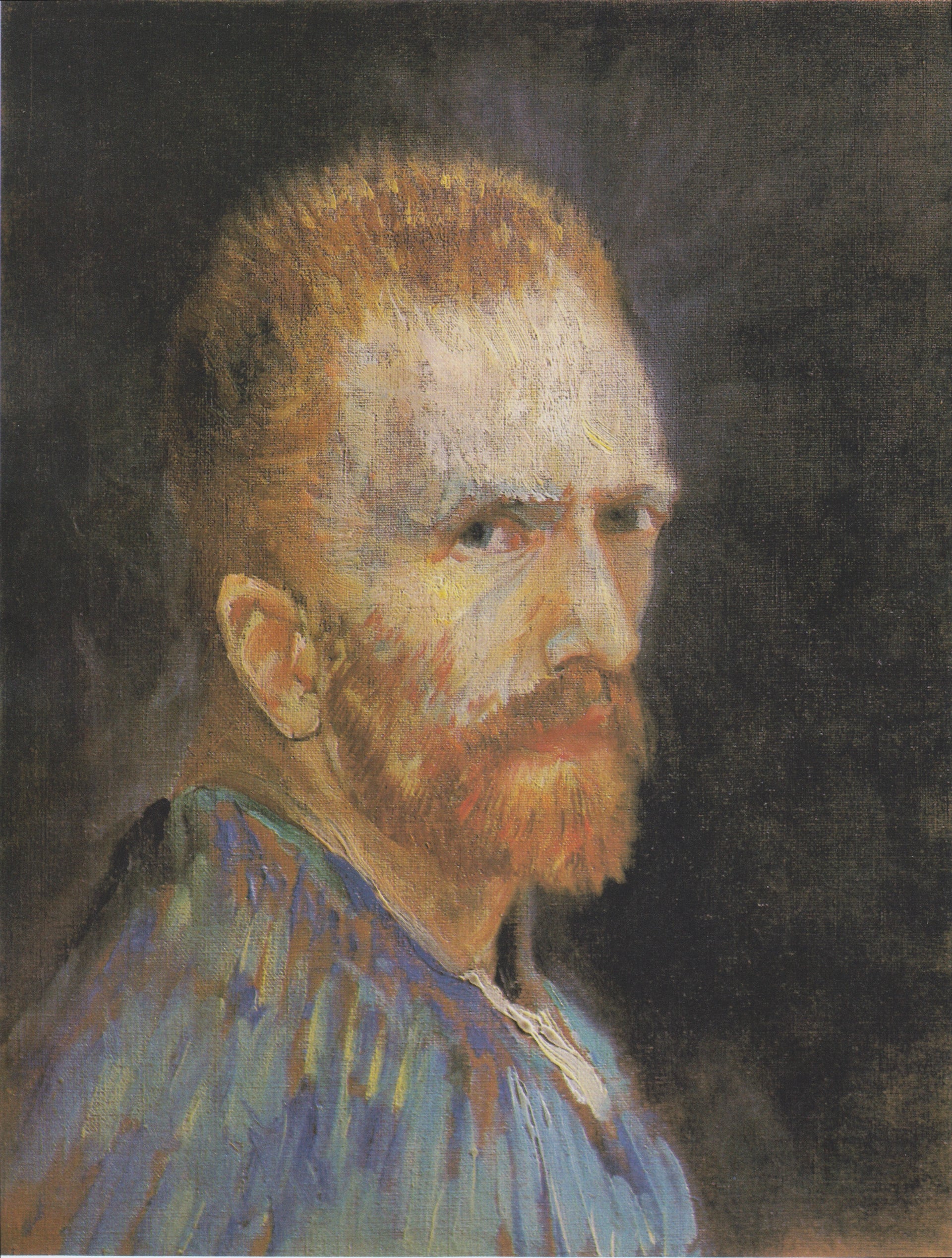 Autoportrait F268 — Vincent van Gogh de face, barbe rousse, veste sombre et fond bleu pointillé