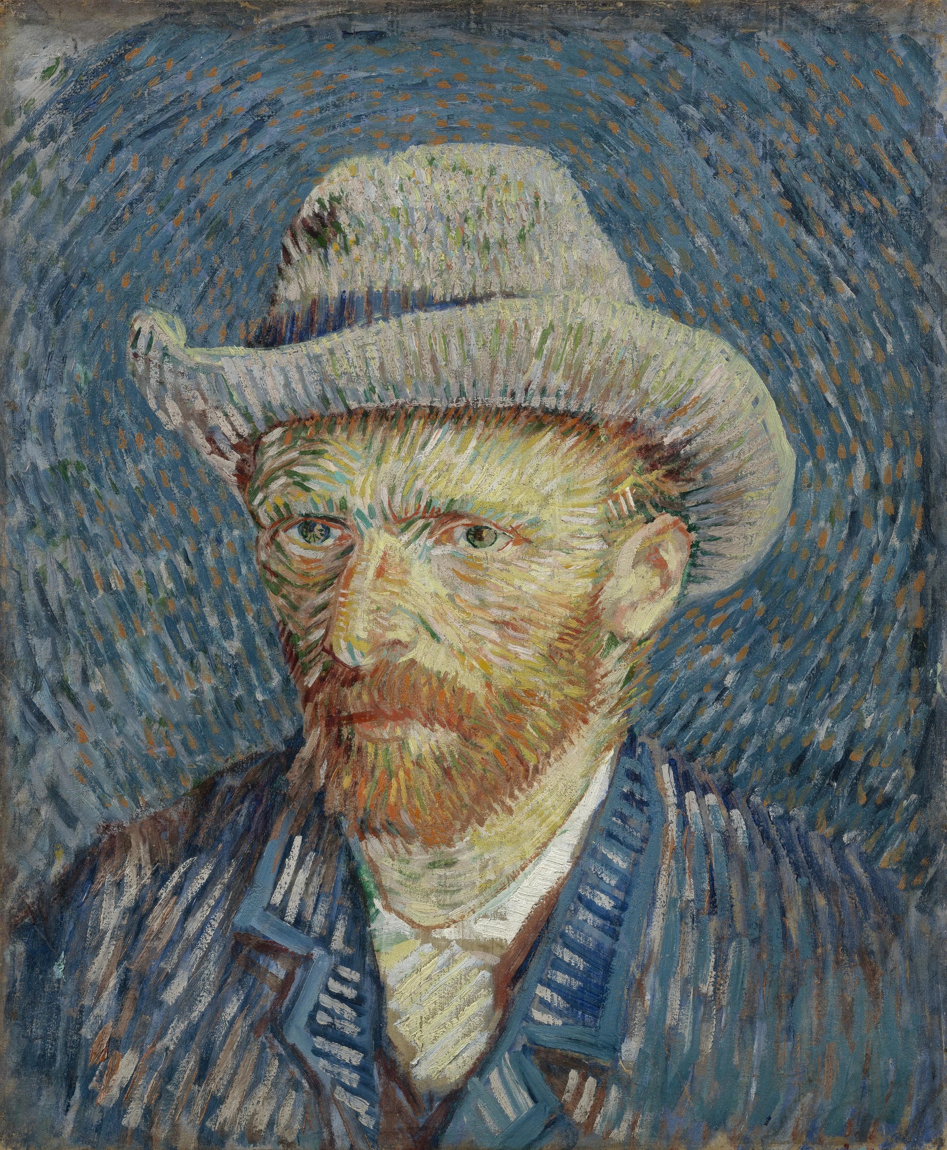 Autoportrait au feutre gris, F344 — portrait de Vincent van Gogh aux touches complémentaires rayonnantes