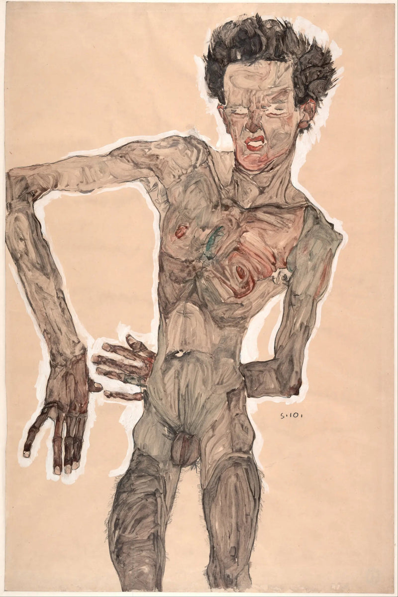 Selvbillede nøgen med grimasse - Egon Schiele