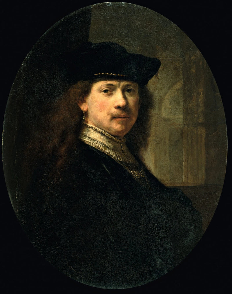 Selportræt med toque på baggrund af arkitektur - Rembrandt