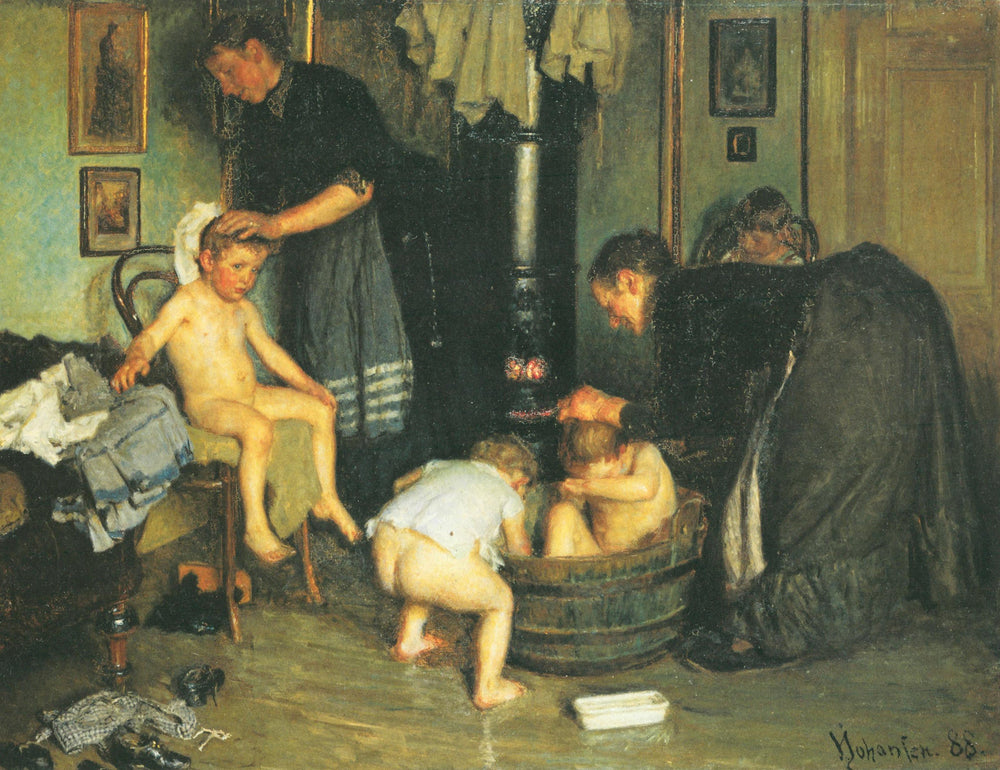 Børnene vaskes - Viggo Johansen image 1 copie peinte à la main à l’huile