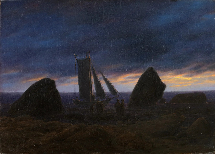 Fiskebåd mellem to klipper på stranden ved Østersøen - Caspar David Friedrich