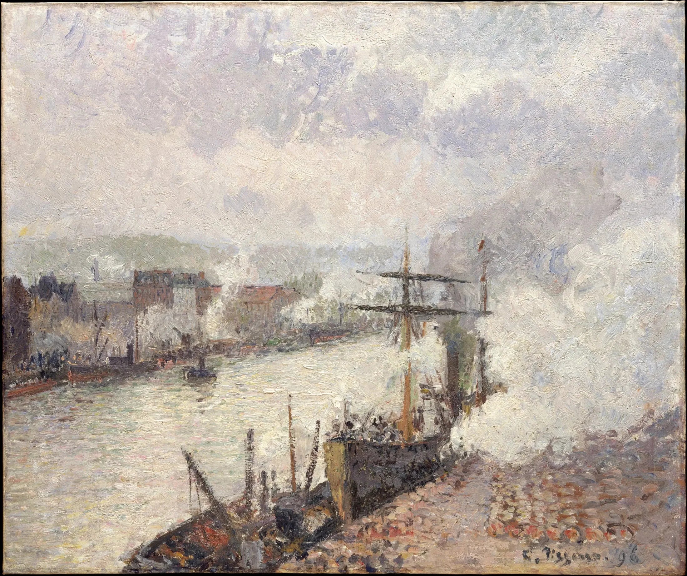 Bateaux à vapeur dans le port de Rouen - Camille Pissarro image 1 reproduction artisanale de tableau