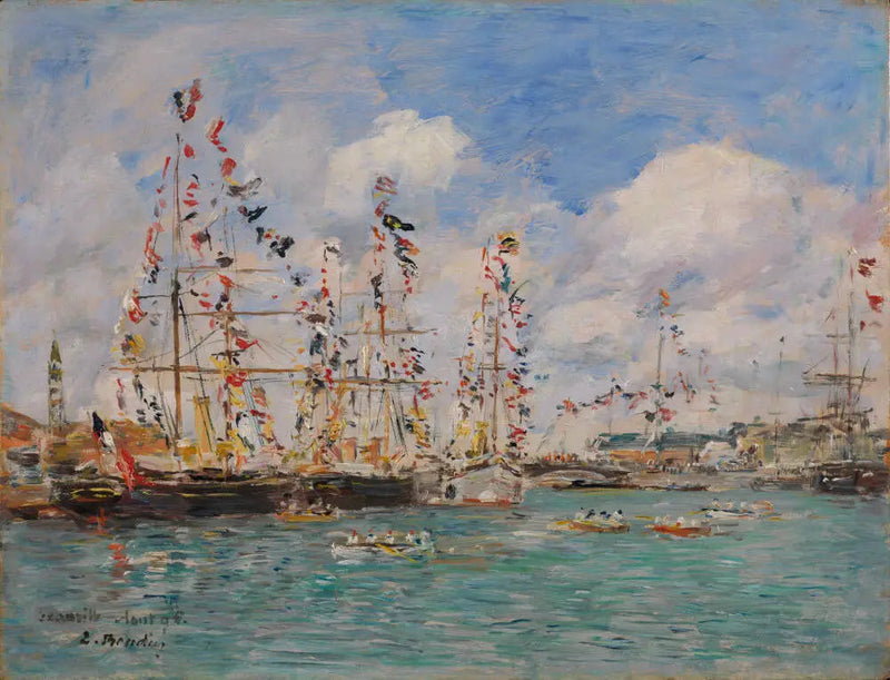 Dekorerede både med flag i havnen i Deauville - Eugène Boudin
