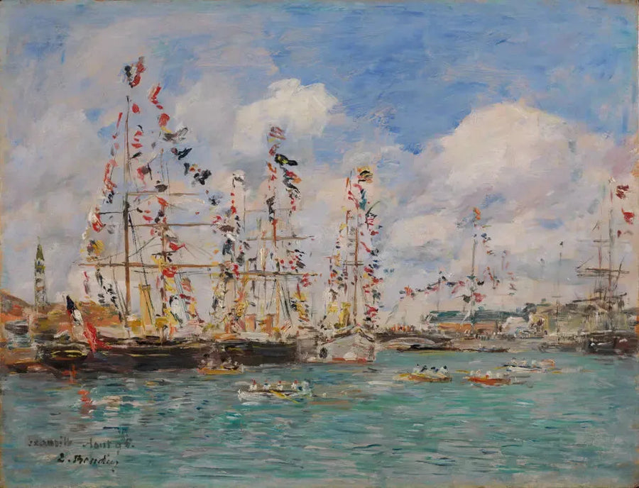 Dekorerede både med flag i havnen i Deauville - Eugène Boudin