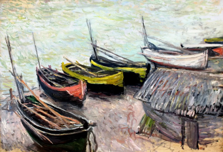 Både på stranden ved Étretat - Claude Monet