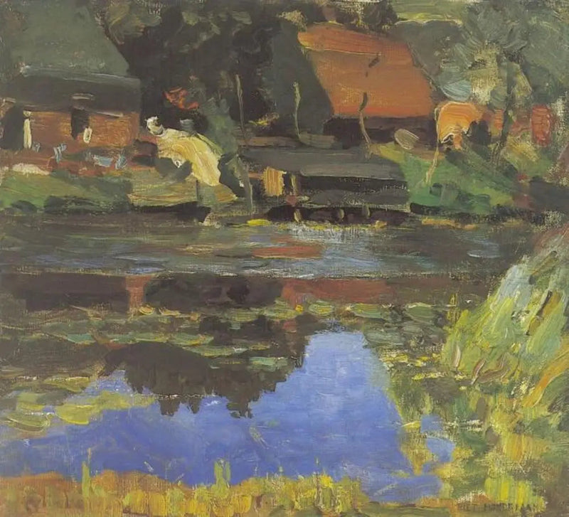 Bygninger ved vandet med en vasker - Piet Mondrian