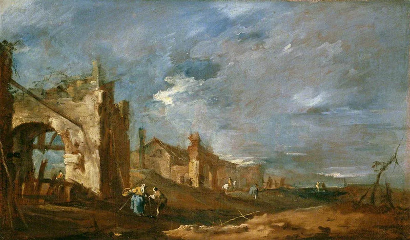 Ruinsbygninger og personer ved lagunens kant - Francesco Guardi