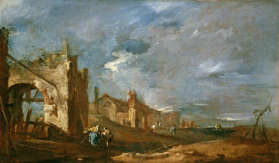 Ruinsbygninger og personer ved lagunens kant - Francesco Guardi
