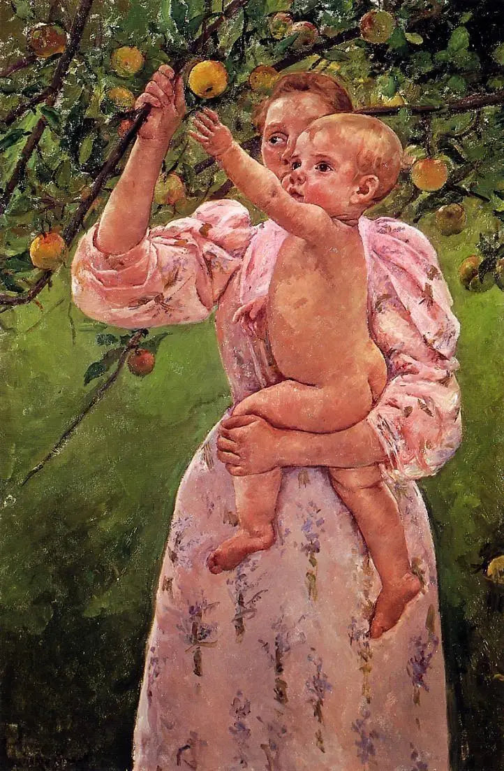 Baby rækker hånden ud efter et æble - Mary Cassatt