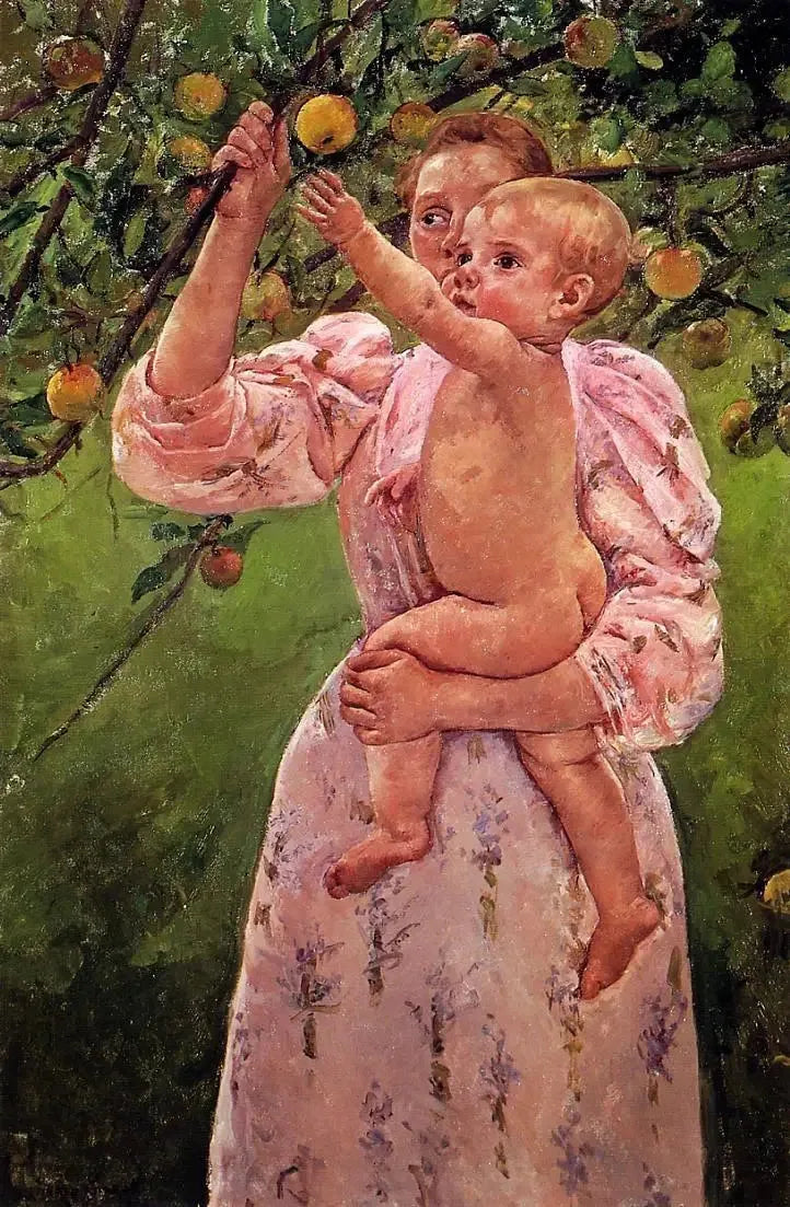 Baby rækker hånden ud efter et æble - Mary Cassatt