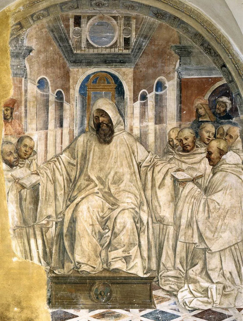 Benoît præsenterer sin lineal til de olivfarvede munke. - Il Sodoma (Giovanni Antonio Bazzi)