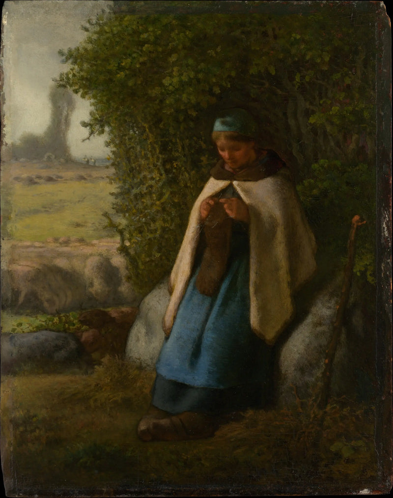 Bergère sidder på en klippe - Jean-François Millet