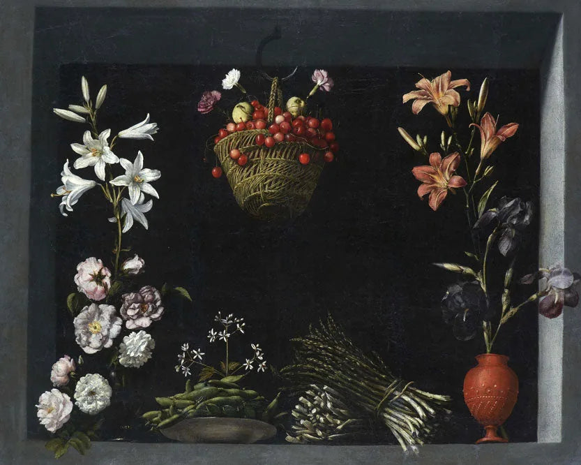 Bodegon flores hortalizas cesto cerezas - Juan Sánchez Cotán image 1 reproduction artisanale de tableau