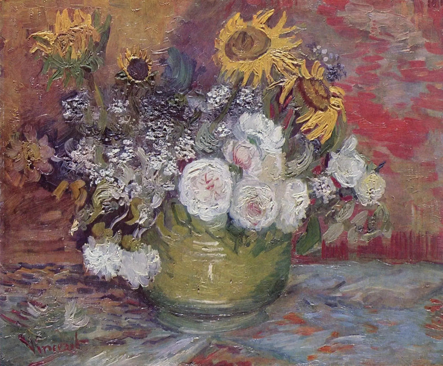 Skål med solsikker, roser og andre blomster - Vincent van Gogh