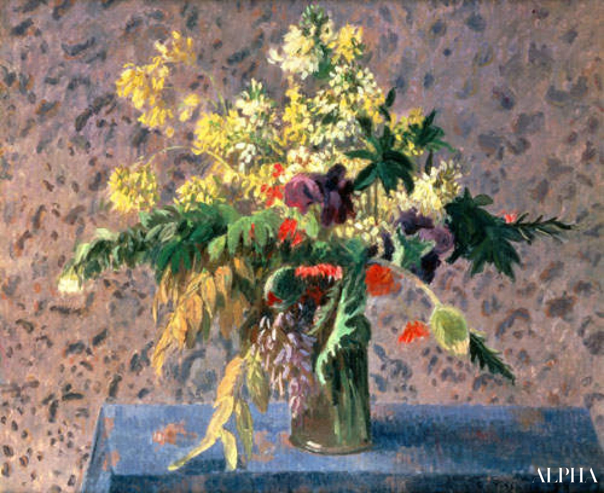 Blomsterbuket med valmueblomster og iris - Camille Pissarro - Reproduktioner af malerier og kunstværker i høj kvalitet