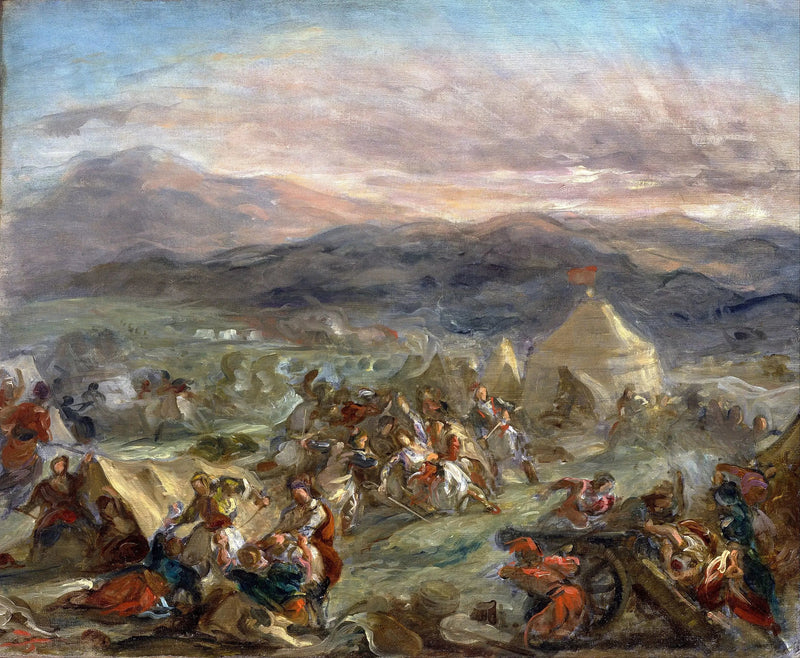 Botzaris overrasker den tyrkiske lejr og falder dødeligt såret - Eugène Delacroix