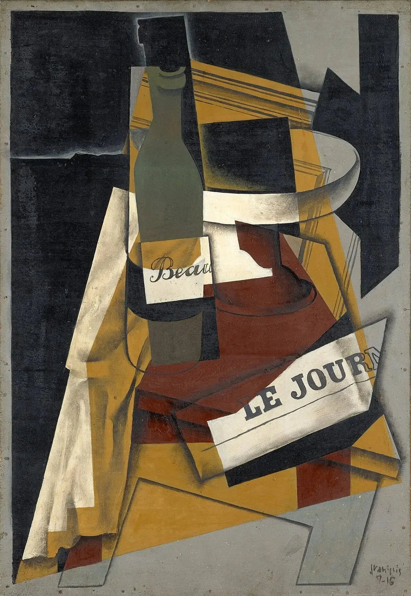 Flaske og frugtkompot (Flaske, avis og frugtkompot) - Juan Gris