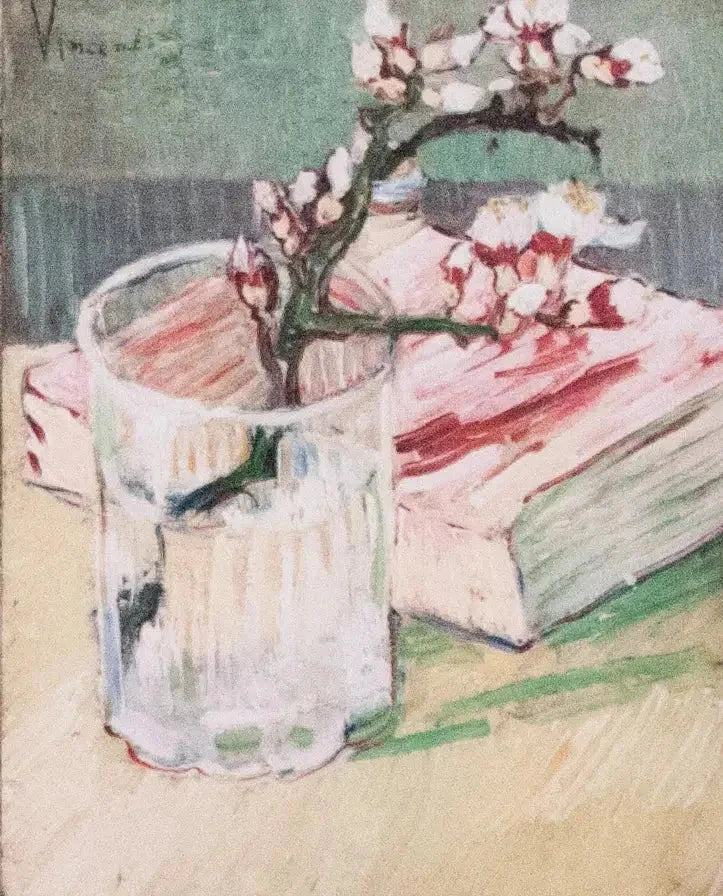 Mandelgren i blomst i et glas med en bog - Vincent van Gogh