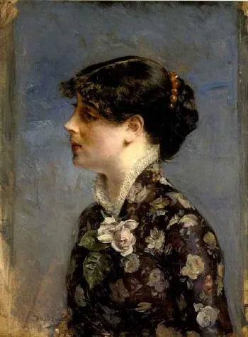 Profilbuste af en ung brunette, til venstre, i blomstrede skjorte - Giovanni Boldini
