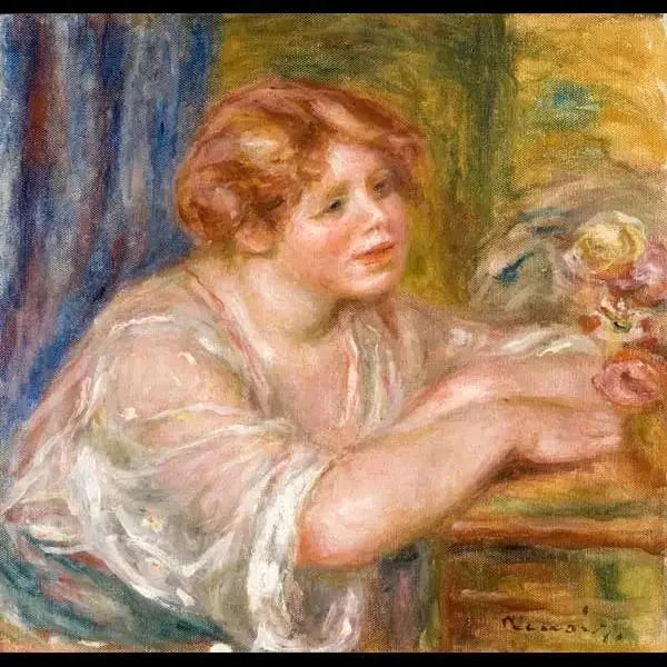 Buste af ung pige, der ser på blomster - Pierre-Auguste Renoir