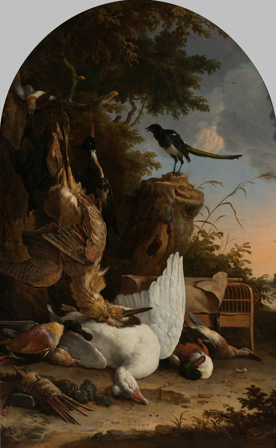 Butin de chasse d'une pie sur une souche d'arbre, connue sous le nom de « la pie philosophe » - Melchior de Hondecoeter