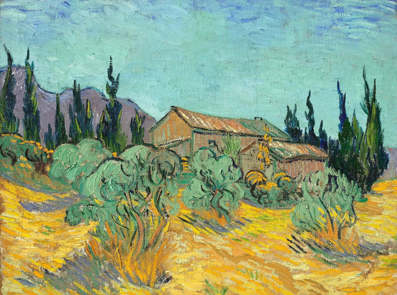 Træhytter blandt oliventræer og cypresser - Vincent van Gogh