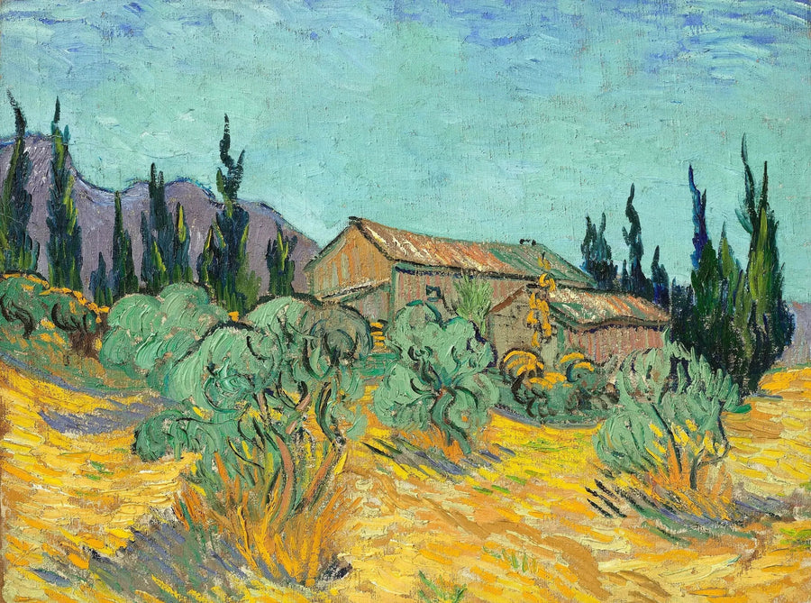 Træhytter blandt oliventræer og cypresser - Vincent van Gogh