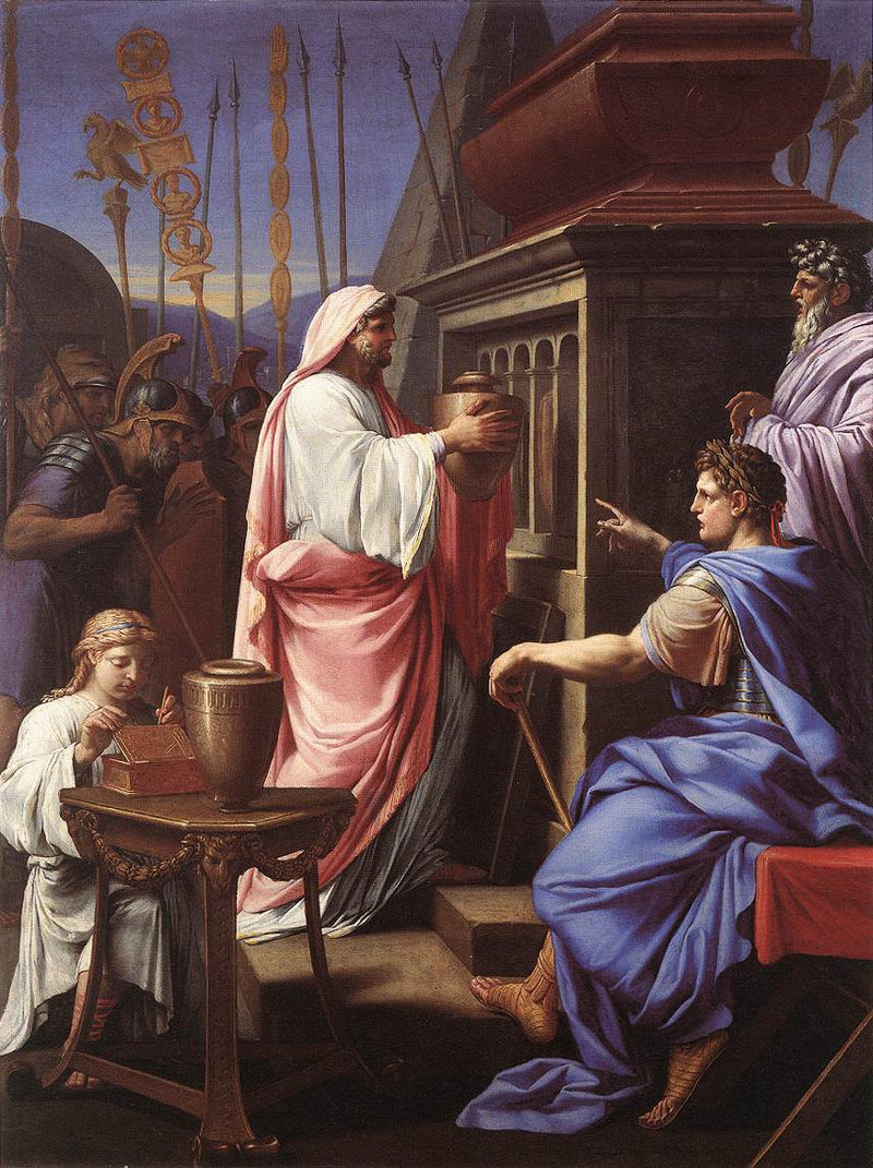 Caligula, der lægger asken af sin mor og sin bror i sine forfædres grav - Eustache Le Sueur