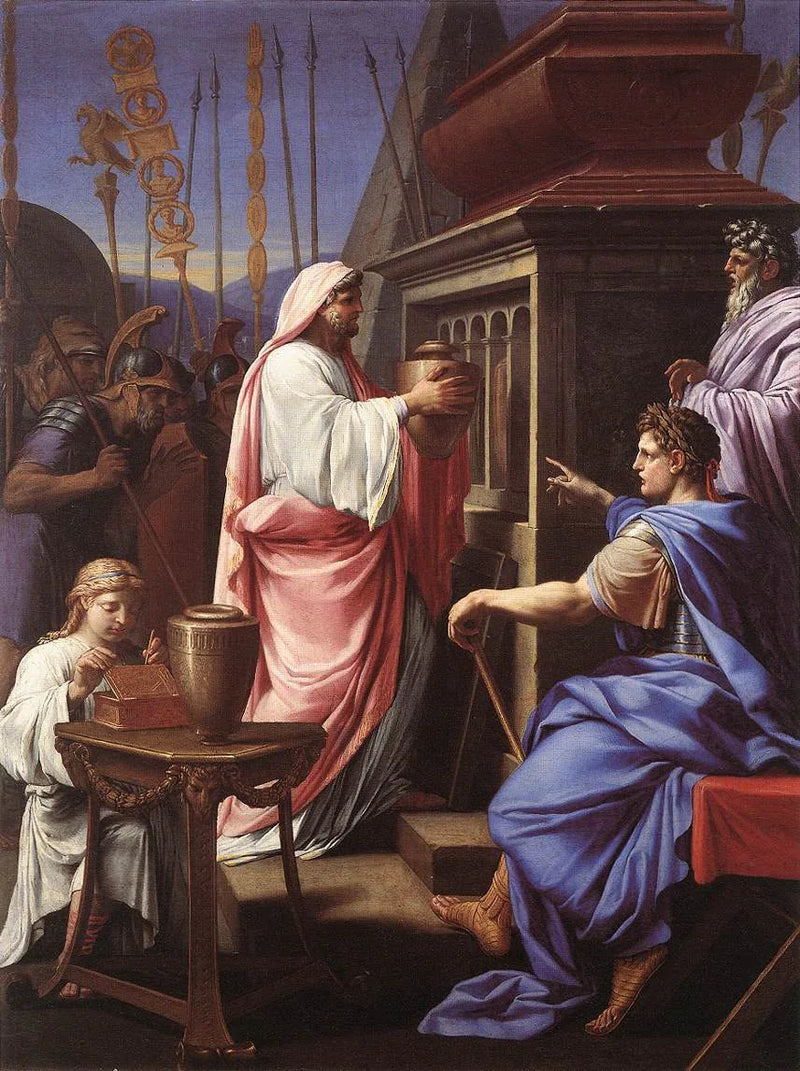 Caligula, der lægger asken af sin mor og sin bror i sine forfædres grav - Eustache Le Sueur